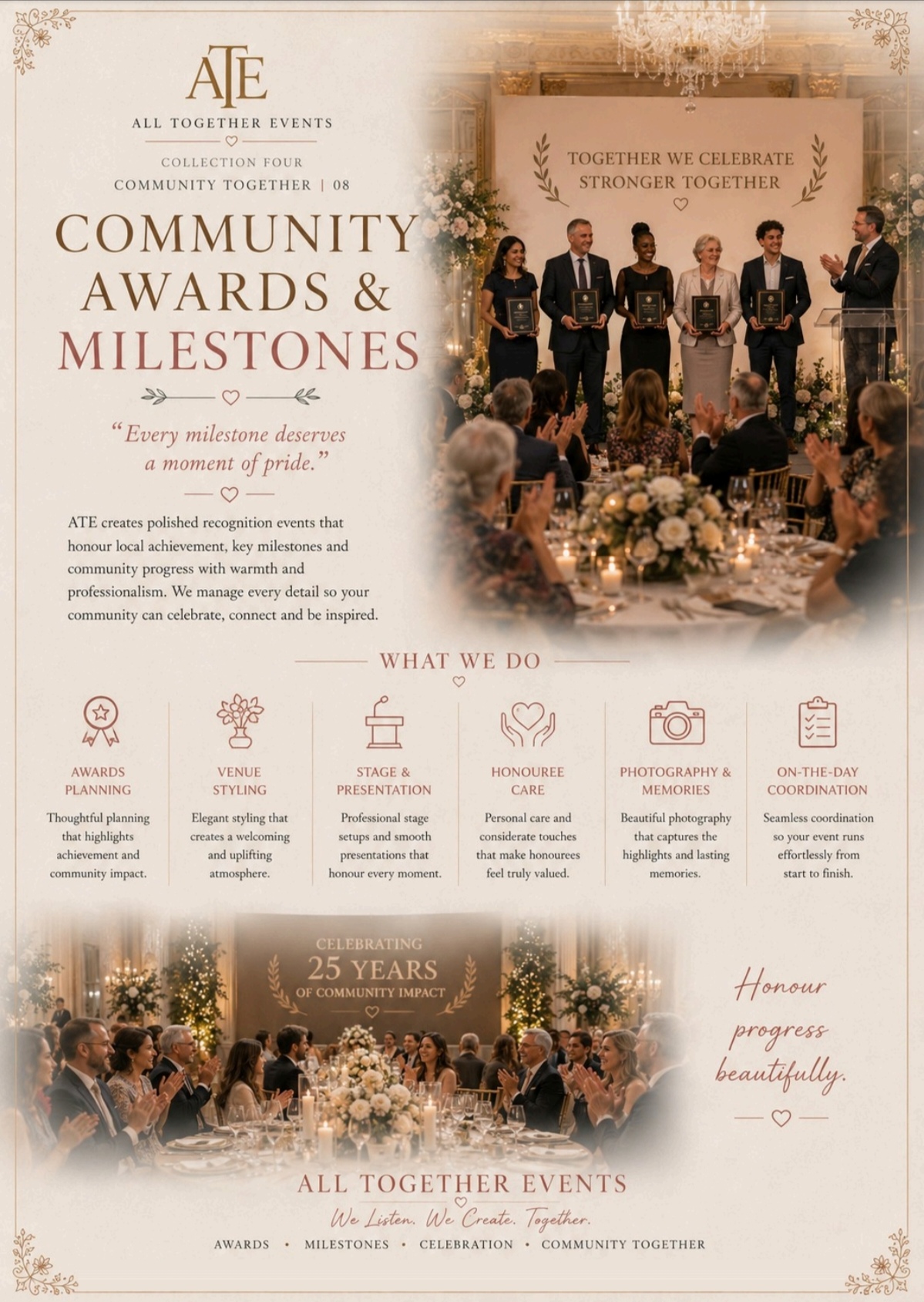 Community Awards & Milestones — All Together Events flyer