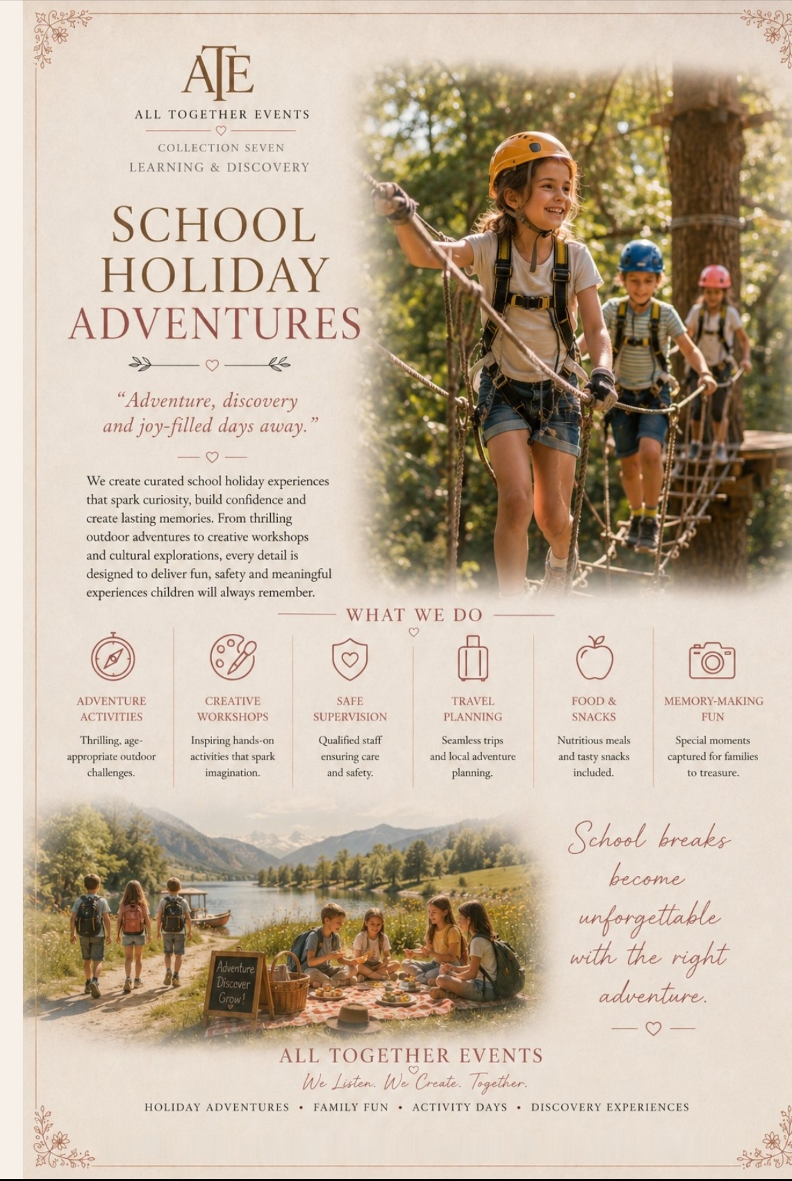 School Holiday Adventures — All Together Events flyer