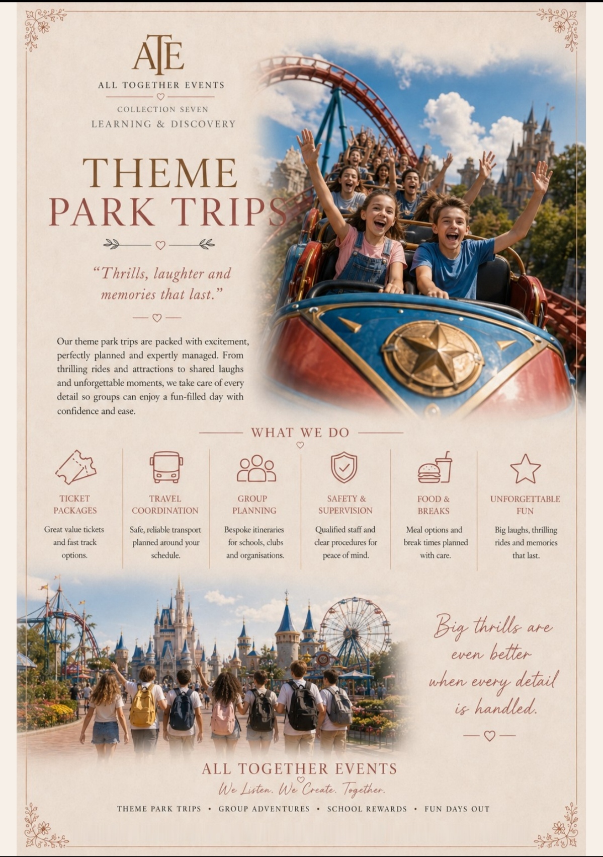 Theme Park Trips — All Together Events flyer