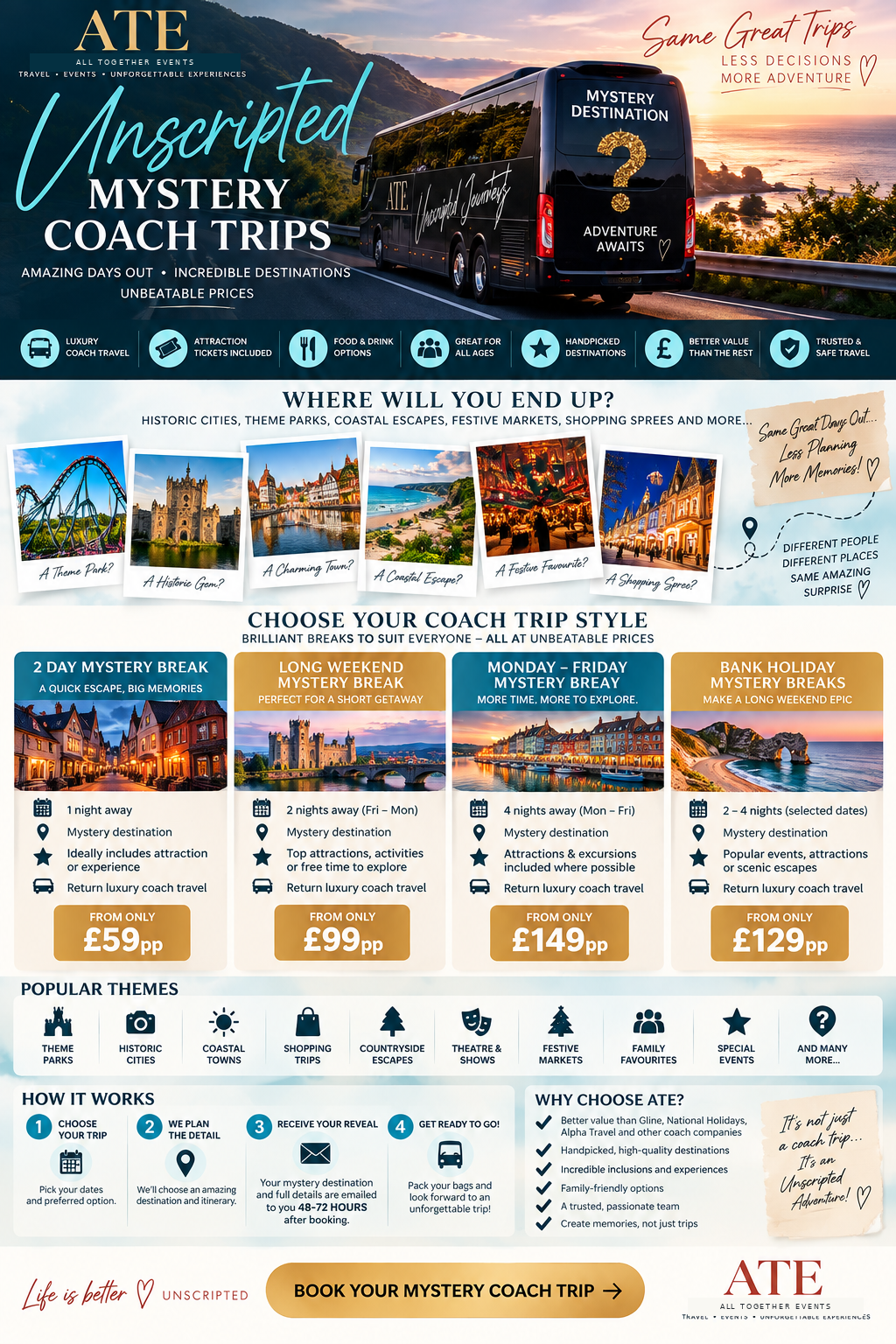 All Together Events Unscripted Mystery Coach Trips flyer — mystery breaks