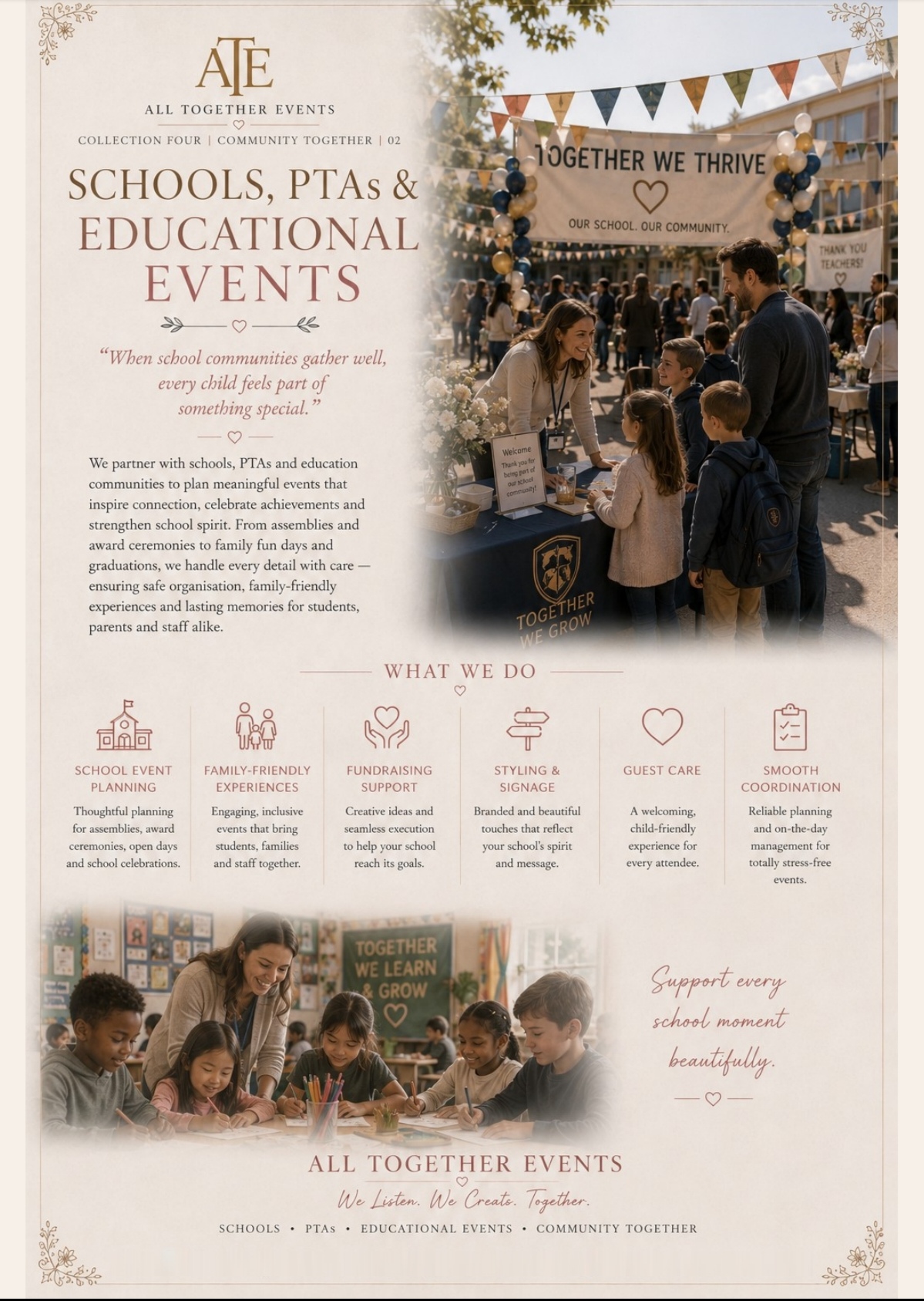 Schools, PTAs & Educational Events — All Together Events flyer
