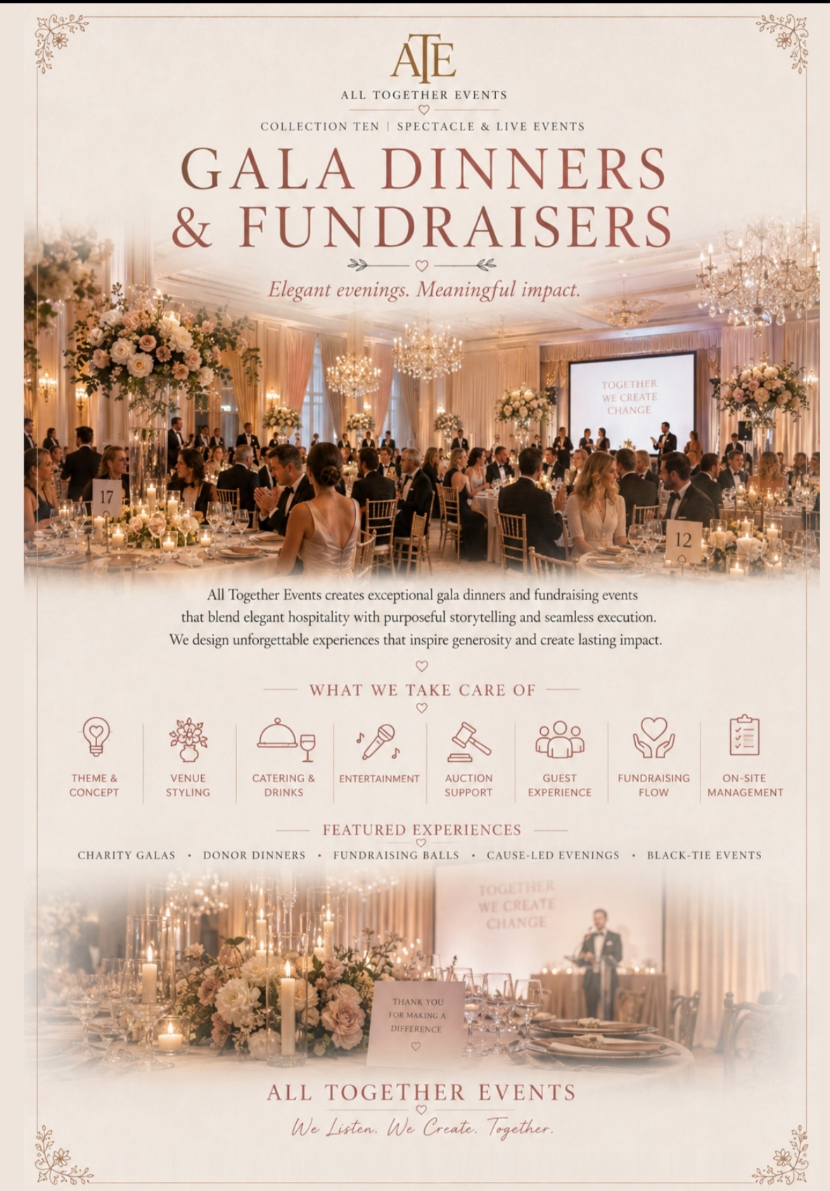 Gala Dinners & Fundraisers — All Together Events flyer