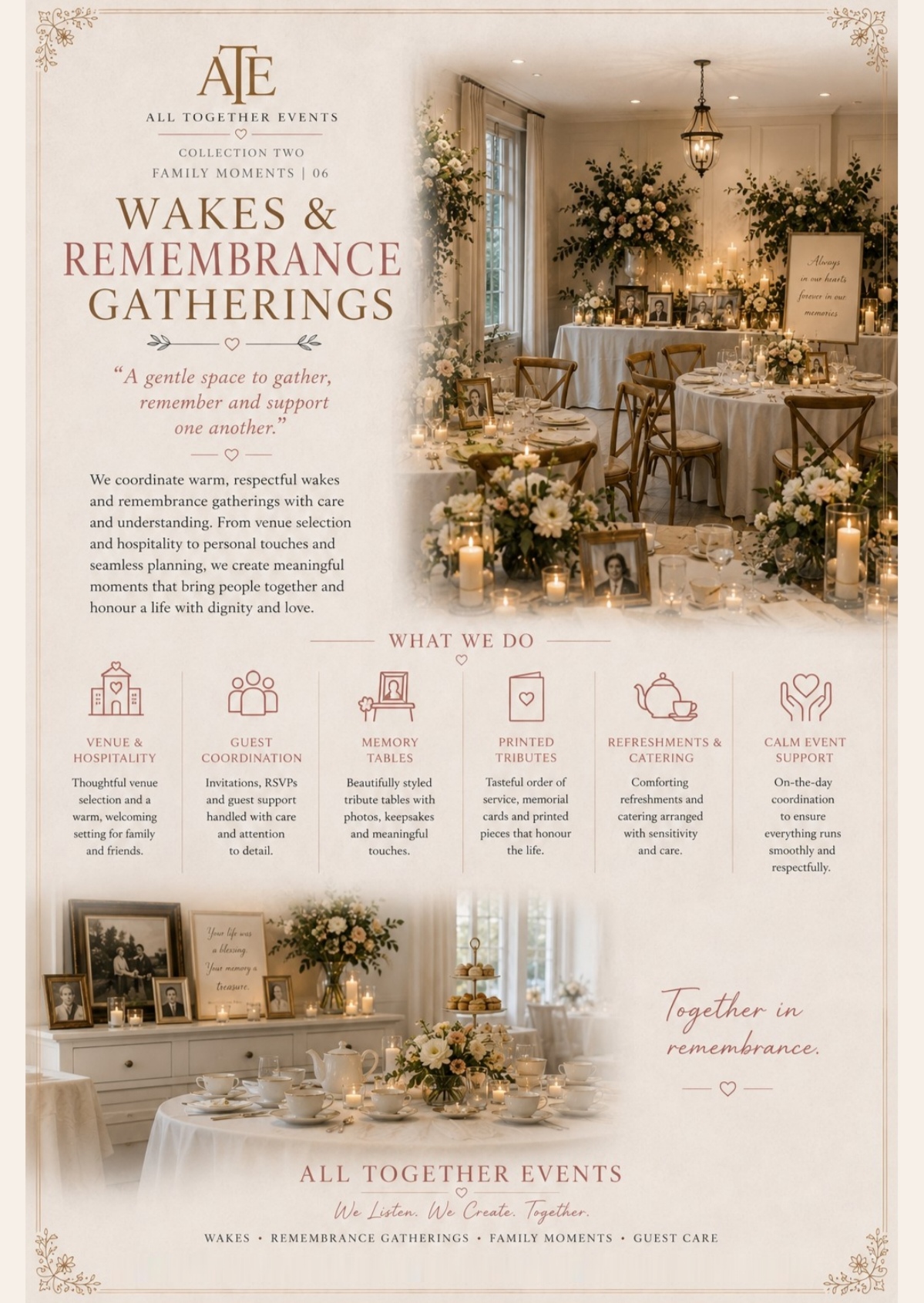 Wakes & Remembrance Gatherings — All Together Events flyer