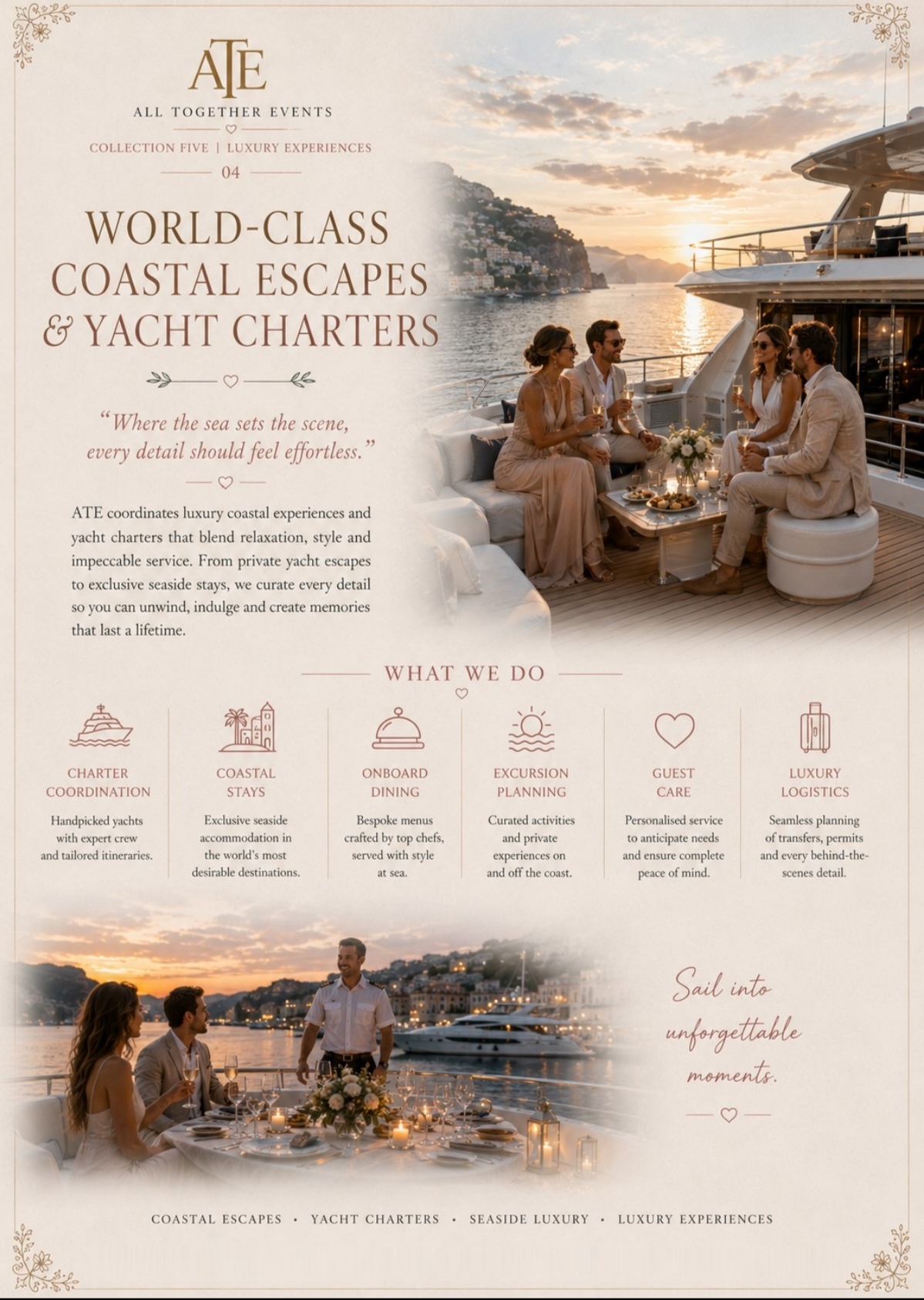 World-Class Coastal Escapes & Yacht Charters — All Together Events flyer