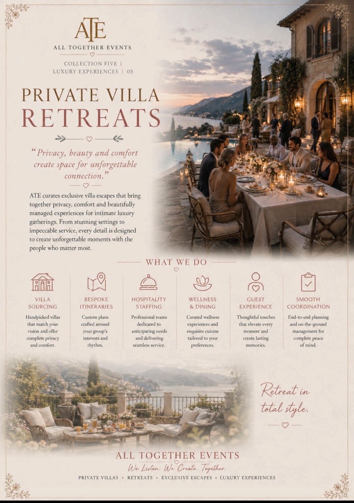 Private Villa Retreats — All Together Events flyer